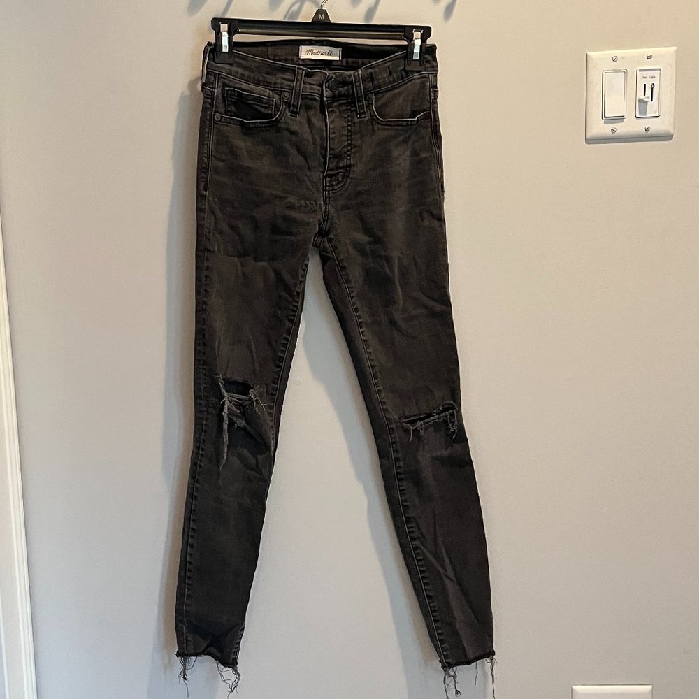 Madewell Black Distressed High-Rise Jeans with raw hem, size 25